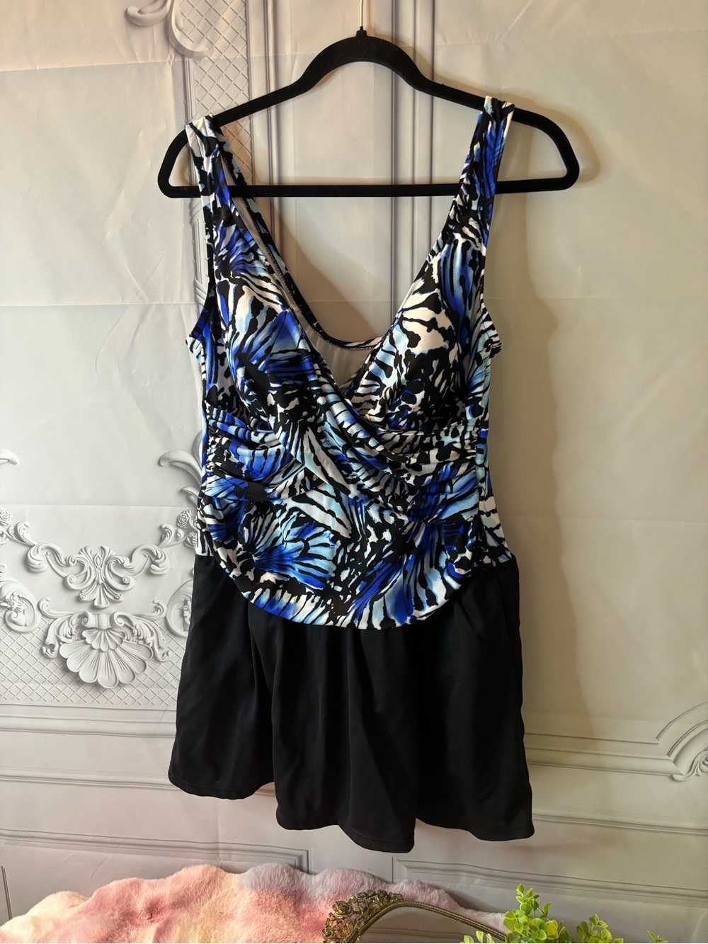 NWOT Suddenly Slim by Catalina Blue & Black Floral Swimdress, 2X (18W-20W)